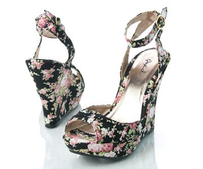Qupid Shoes  Sale on Black Floral Fabric Platform Wedge Pink Ceduce244   Ebay