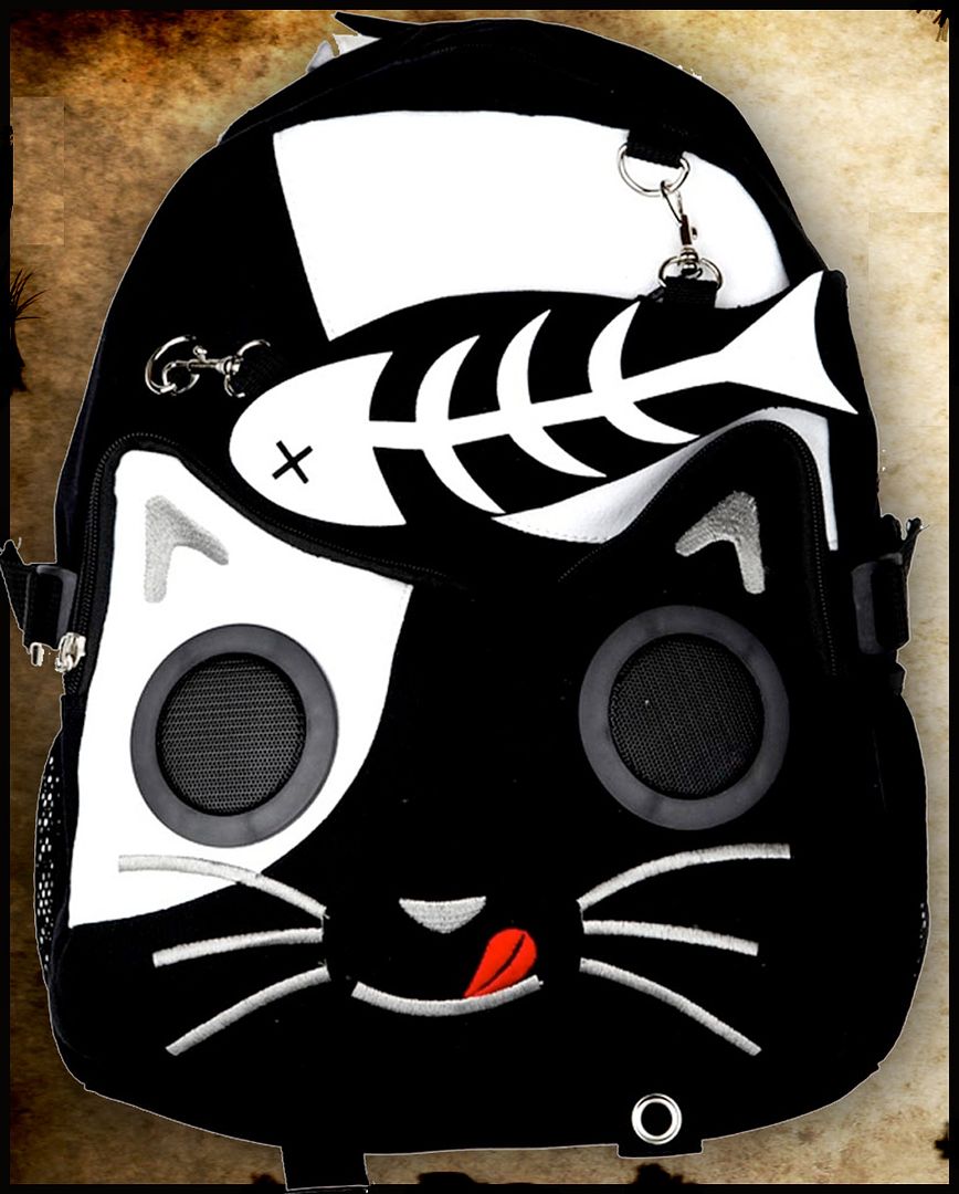 MP3 Boom Box Speaker Backpack Bag Cat Bones Punk Rock Emo Japanese I Phone Pod. ">